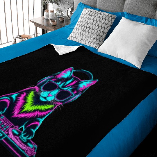 Cool DJ Cat – Neon Beats Vibe with Headphones Baby Blankets
