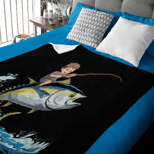 Joyful young boy rides massive jumping tuna Baby Blankets