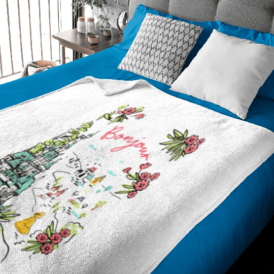 Disney Castle Belle Princess Bonjour Rose , Beauty and the Beast Floral Tee, Magic Kingdom Disneyland Family Holiday 2024 Trip Baby Blankets