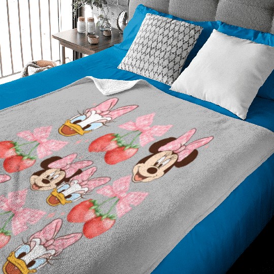 Vintage Minnie And Daisy Pink Bow Baby Blankets, Disney Coquette Strawberry Baby Blankets
