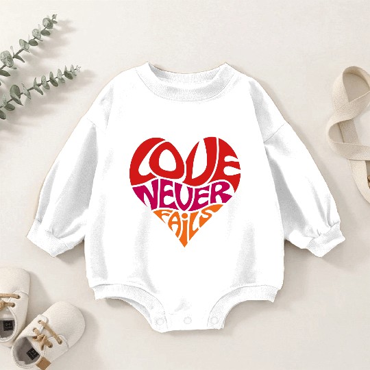 Love Never Fails, Heart, Christian, Bible Verse Baby Romper Sweatshirts
