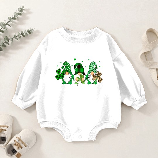 Three Gnomes Holding Shamrock Leopard Plaid Baby Romper Sweatshirts