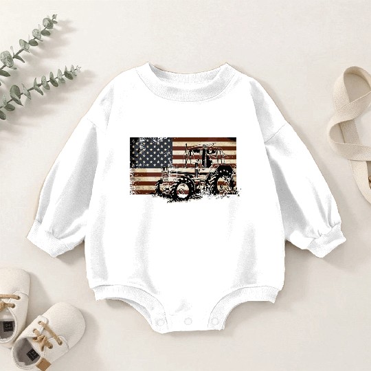 Farm Tractor Usa Flag Patriotic Vintage Farmer Far Baby Romper Sweatshirts