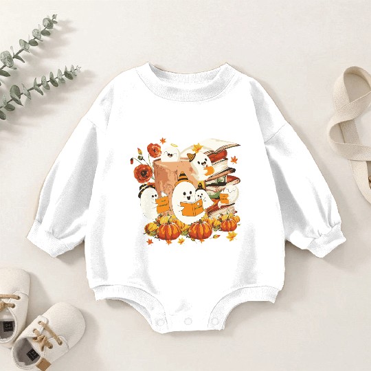 Cute Ghost Book Reading Halloween Teacher Library Baby Romper Sweatshirts