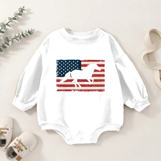 Patriotic Horse American Flag Horseback Riding Baby Romper Sweatshirts