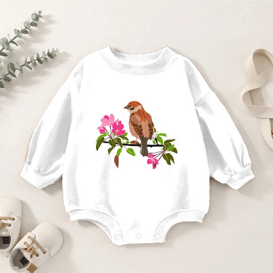 Sparrow on a branch pink flowers of an apple tree Baby Romper Sweatshirts