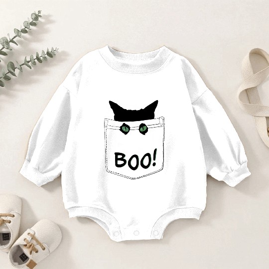 Green eyed Cat In Pocket Boo - funny Halloween Baby Romper Sweatshirts