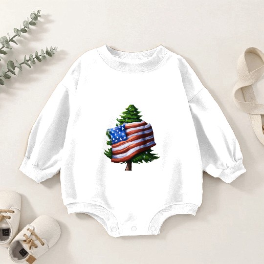 Patriotic Christmas US Flag Wrapped Christmas Tree Baby Romper Sweatshirts