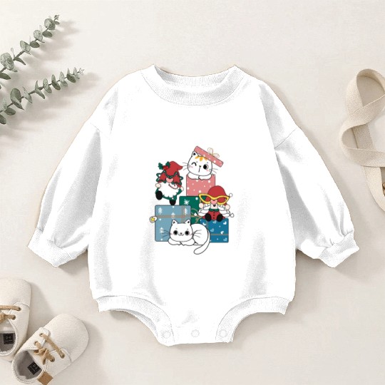 cute gnome and kitty cats on present gift box Baby Romper Sweatshirts