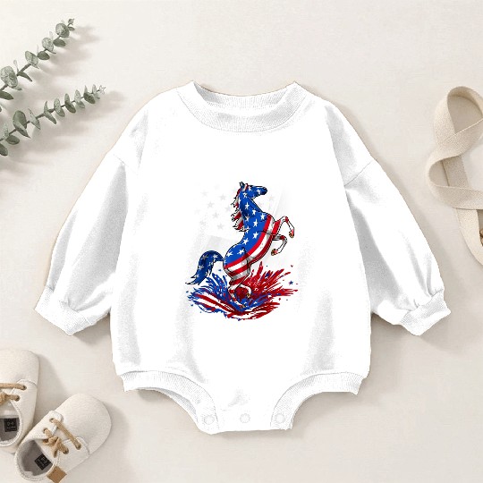 Horse 4th Of July American Flag USA Horse Baby Romper Sweatshirts