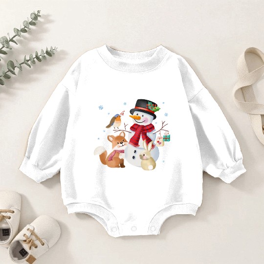 Snowman with fox, rabbit and robin Baby Romper Sweatshirts