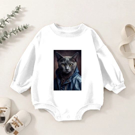 Russian Blue Cat Breed Portrait wears a leather j Baby Romper Sweatshirts