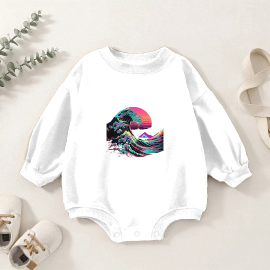 Vaperwave Aesthetic Glitch Great Wave Retrowave Sy Baby Romper Sweatshirts