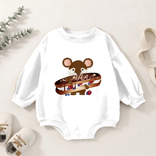 cute mouse with delicious chocolate eclair Baby Romper Sweatshirts