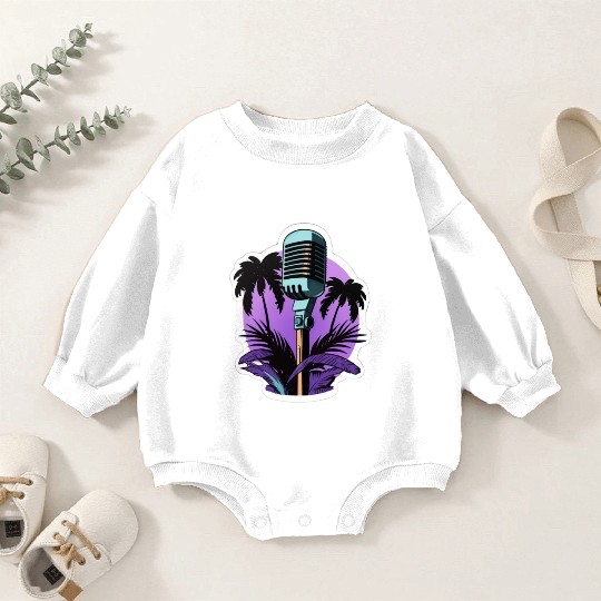 Microphone surrounded by palm trees, flat colors, Baby Romper Sweatshirts