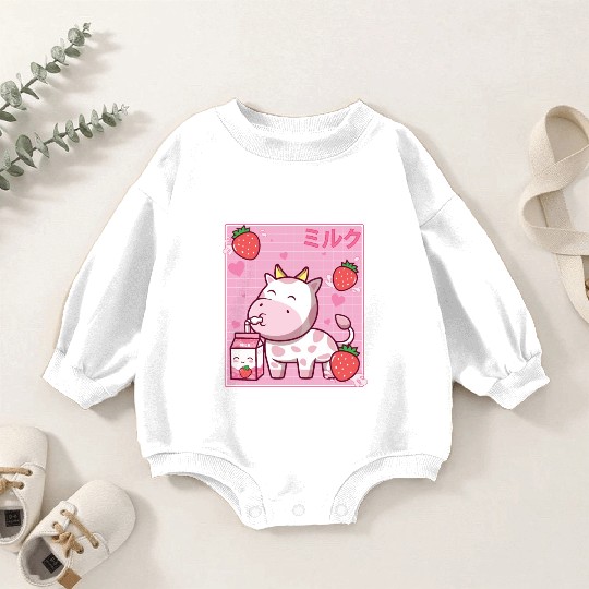 Kawaii Pink Strawberry Cow Milk Shake Otaku Anime Baby Romper Sweatshirts