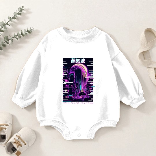 Retro Glitch Cityscape Vaporwave Futurism Tokyo Ae Baby Romper Sweatshirts