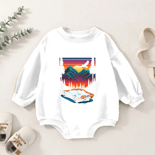 1980s Muscle Car and Retro Neon Mountain Sunset Baby Romper Sweatshirts