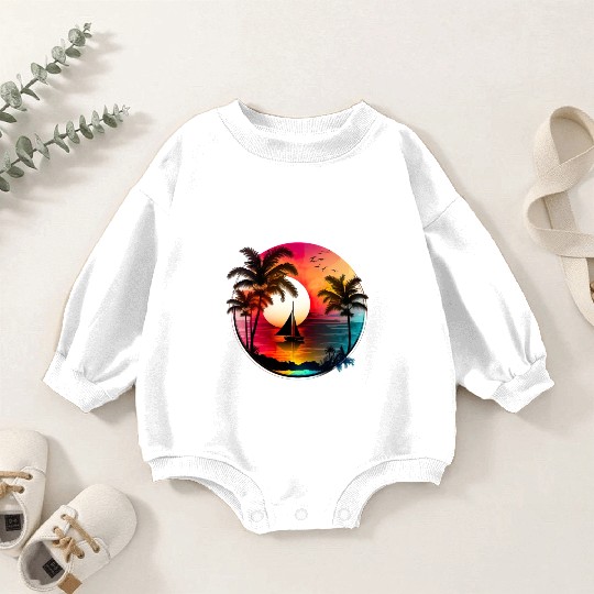 Beach Sunset Sailboat Palm Trees Ocean Vacation 1 Baby Romper Sweatshirts