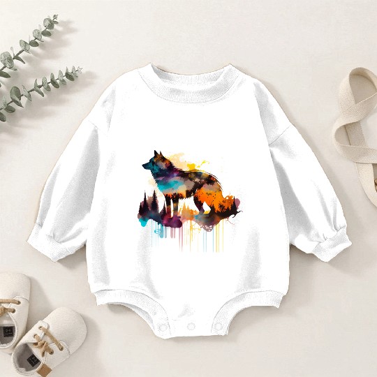 Mountain Wolf Multicolor Watercolor Portrait Baby Romper Sweatshirts