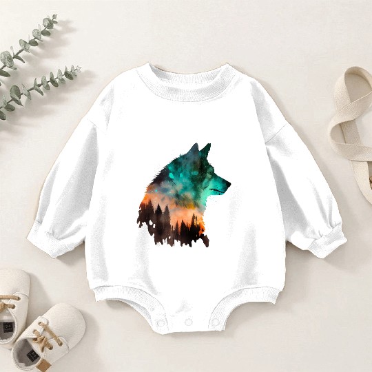 Forest Wolf Multicolor Watercolor Portrait Baby Romper Sweatshirts
