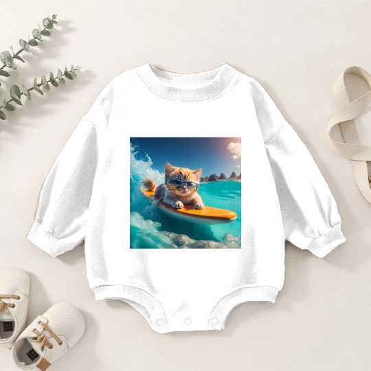 A cute cat surfing in the blue water Baby Romper Sweatshirts