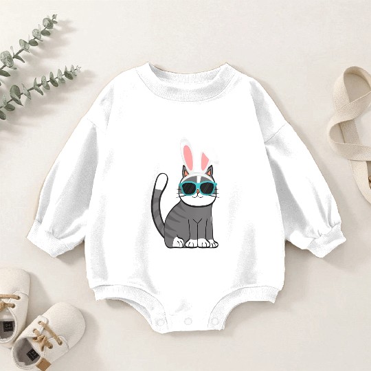 Happy Easter Cat With Bunny Ears And Glasses Cat Baby Romper Sweatshirts