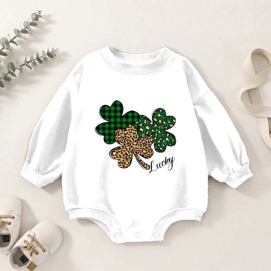 Lucky Leopard Shamrock St Patric Day Baby Romper Sweatshirts