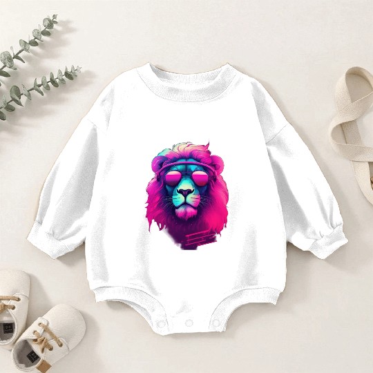 Synthwave Sun King Lion s Neon Shades Baby Romper Sweatshirts