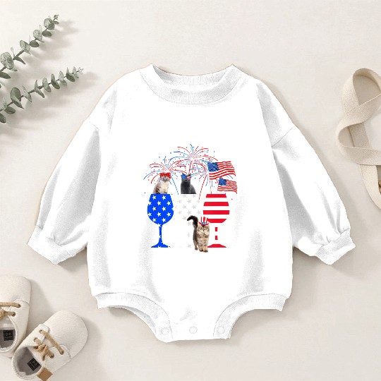 Cat 4Th Of July Red White Blue Wine Baby Romper Sweatshirts