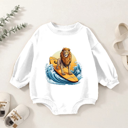 Surfing Lion at Sunset, Adventurous Animal Design Baby Romper Sweatshirts