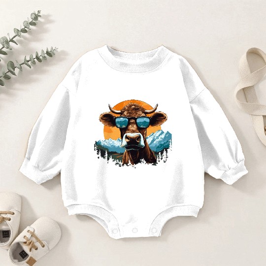A cow with sunglasses in the mountains Baby Romper Sweatshirts