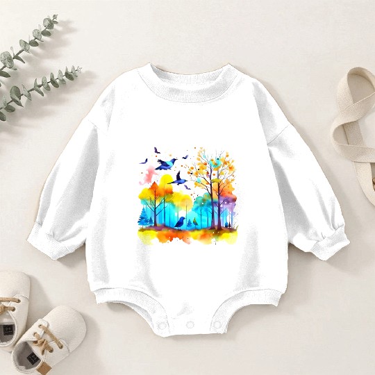 Serenity in Flight: Watercolor Birds over Forest Baby Romper Sweatshirts