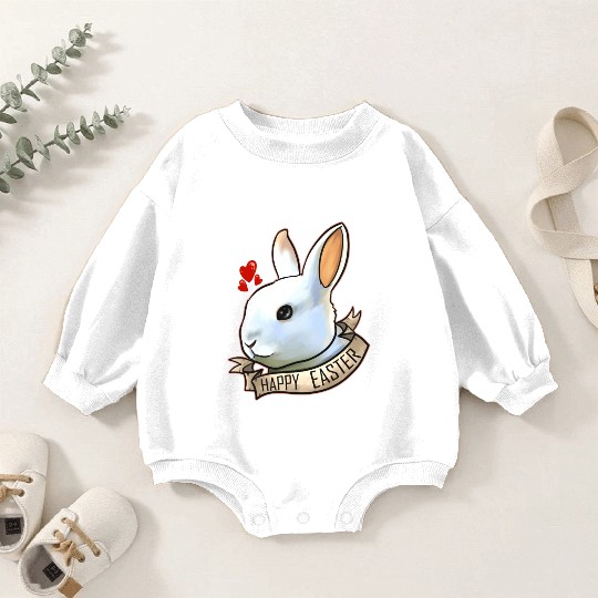 Realistic Happy Easter Bunny Head With Hearts On Baby Romper Sweatshirts