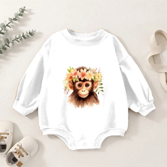 Monkey Chimpanzee Jungle Animal Boho Floral Ape Baby Romper Sweatshirts