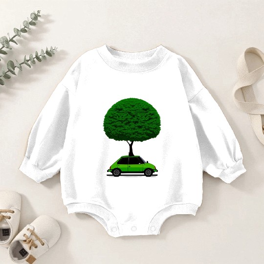 Green car with a large tree Baby Romper Sweatshirts