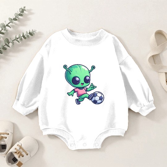 Soccer Playing Alien: Green Galaxy Meets Pitch Baby Romper Sweatshirts