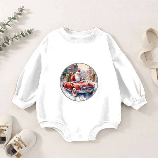 Santa Claus rides in a convertible car Baby Romper Sweatshirts