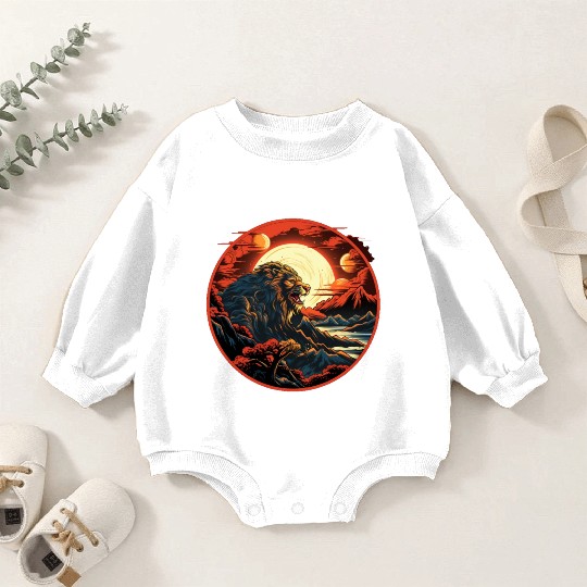 Red Japanese Style Mountain Lion Art Baby Romper Sweatshirts