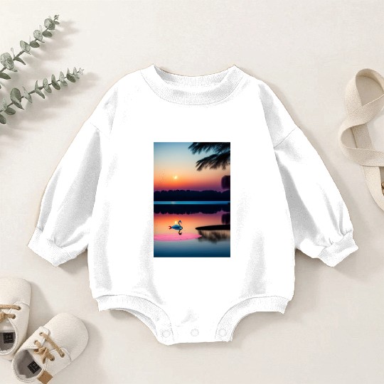 The image is of a serene lake 3 Baby Romper Sweatshirts