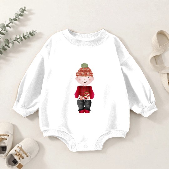little boy with bobble hat and candy cane Baby Romper Sweatshirts