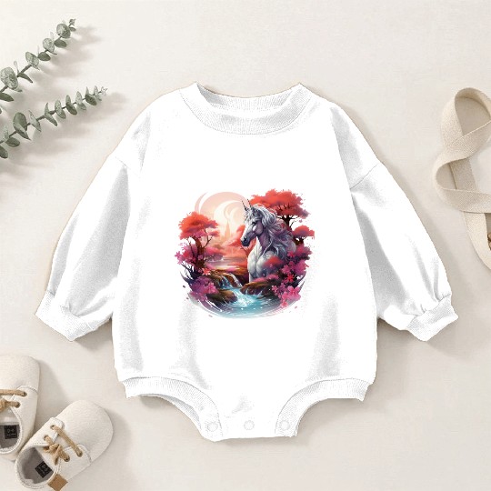 Joyful unicorn scene with a smiling unicorn Baby Romper Sweatshirts