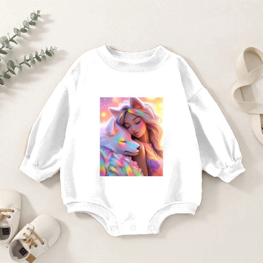 Rainbow Friends - White Wolf and Girl Baby Romper Sweatshirts