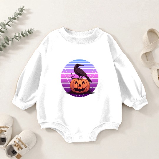 Raven Crow On Pumpkin Vaporwave Halloween Pagan Ae Baby Romper Sweatshirts
