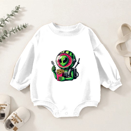 Alien with watermelon helmet eats fries Baby Romper Sweatshirts