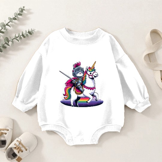 Happy Funny Cat Knight Riding Unicorn Llama Alpaca Baby Romper Sweatshirts