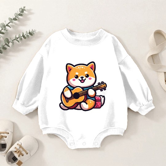 Cute Shiba Inu Playing Guitar Geek Cartoon Baby Romper Sweatshirts