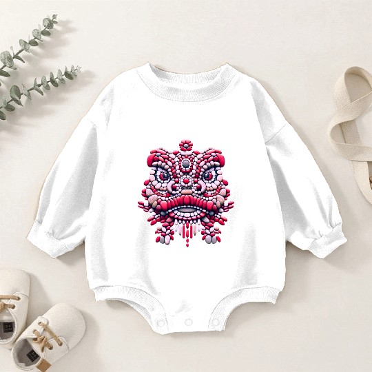 Chinese New Year - Pink Peony Lion Dance Mask Baby Romper Sweatshirts