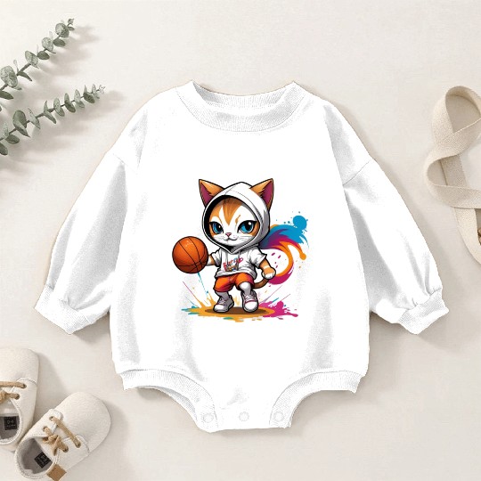 cute cat in Baby Romper Sweatshirts is playing basketball