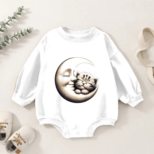 Peaceful Kitten and Moon Embrace Baby Romper Sweatshirts